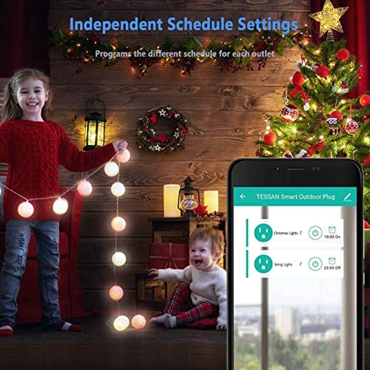 Outdoor Smart Plug, TESSAN WiFi Outlet Works with Alexa, Google Assistant, 2 Individual Socket Outside Power Strip Waterproof Timer Extension Cord with Switch for Lights and 2HP Pool Pump