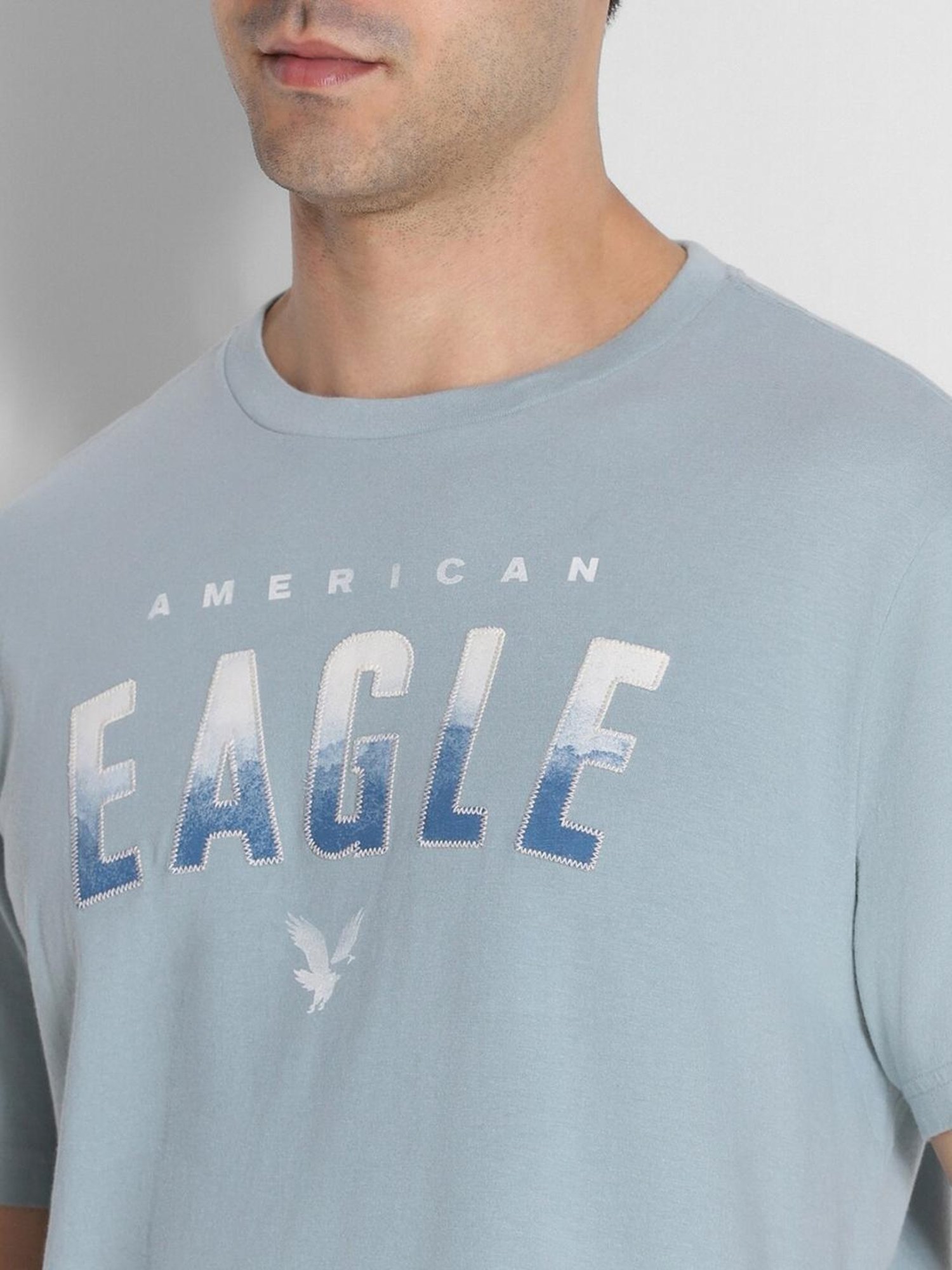 American Eagle Blue Cotton Regular Fit Logo Printed T-Shirt