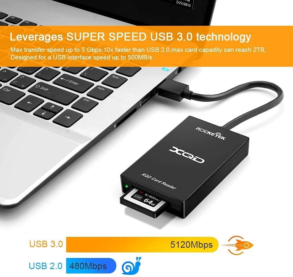 XQD Card Reader, Rocketek USB3.0 XQD Reader Memory Card Reader 5Gpbs Super Speed Compatible with Sony G/M Series, Lexar 2933x/1400x USB Mark XQD Card Adapter, XQD memory card reader for Windows/Mac OS