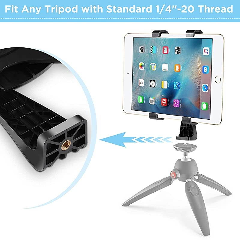 360 Degree Rotatable BreakResistant iPad Tripod Mount Adapter Universal Tablet Clamp Holder Fits Ipad Ipad Air Pro Mini Microsoft Surface Nexus for Tripod Monopod Selfie StickTabletop