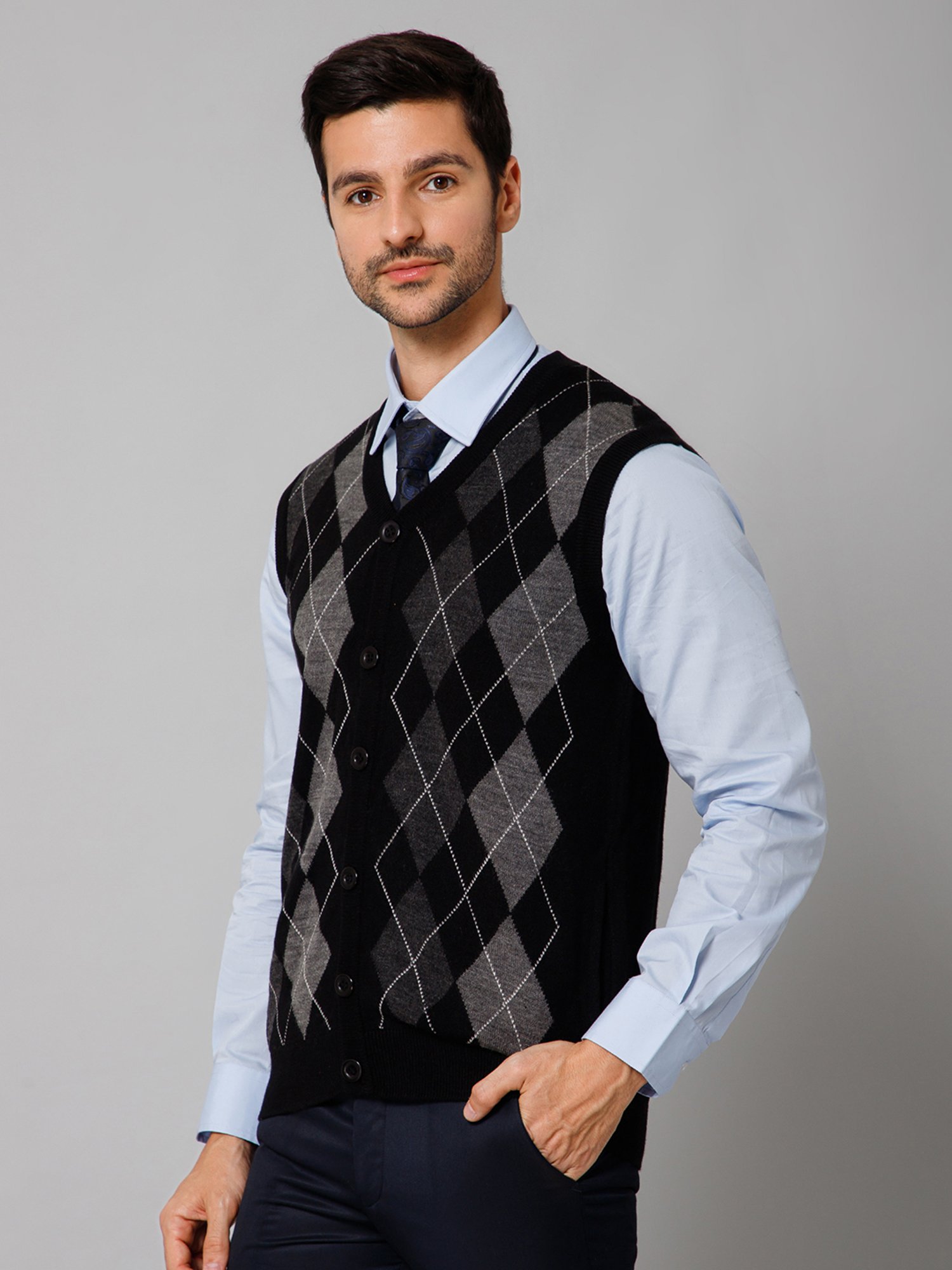 Cantabil Black Regular Fit Argyle Cardigan