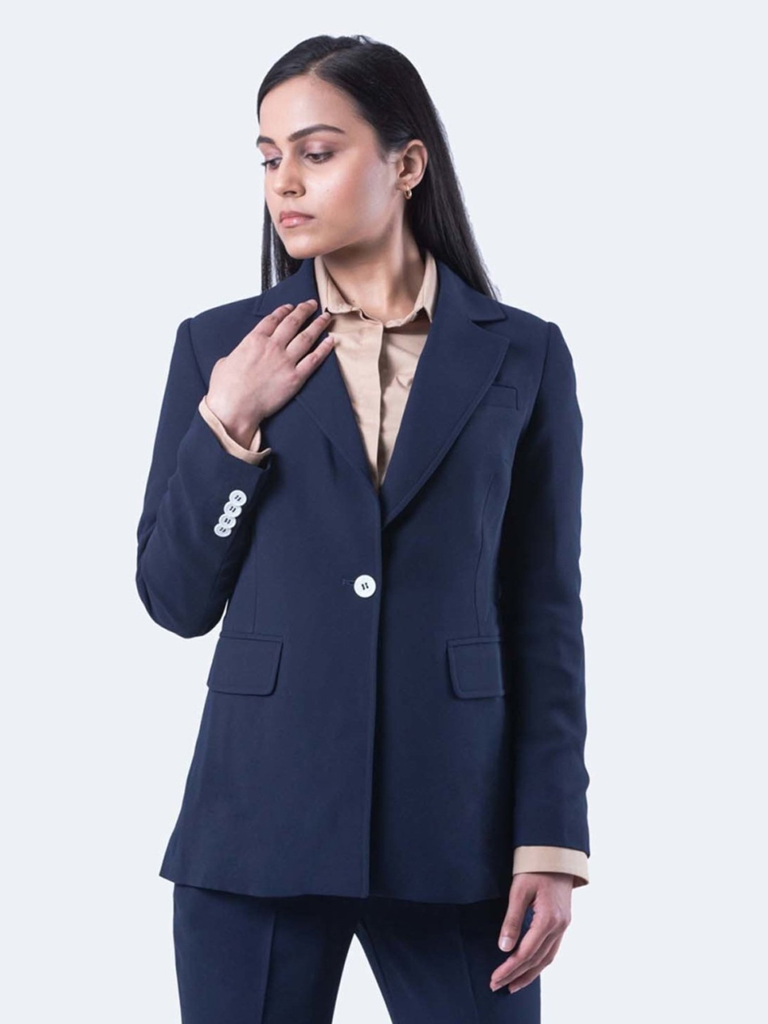 Qua Navy Blue Textured Crepe Modern Blazer