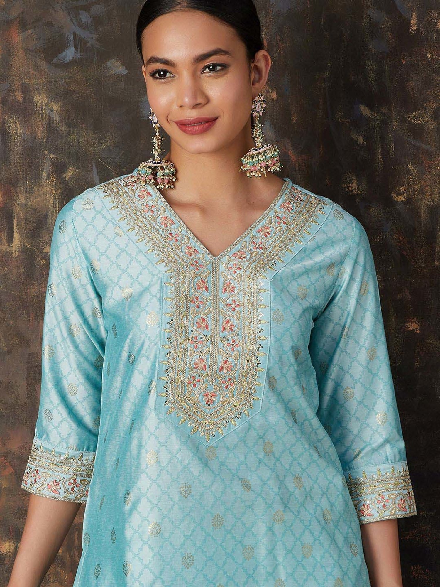 Melange by Lifestyle Blue Embroidered Kurta Pant Set With Dupatta