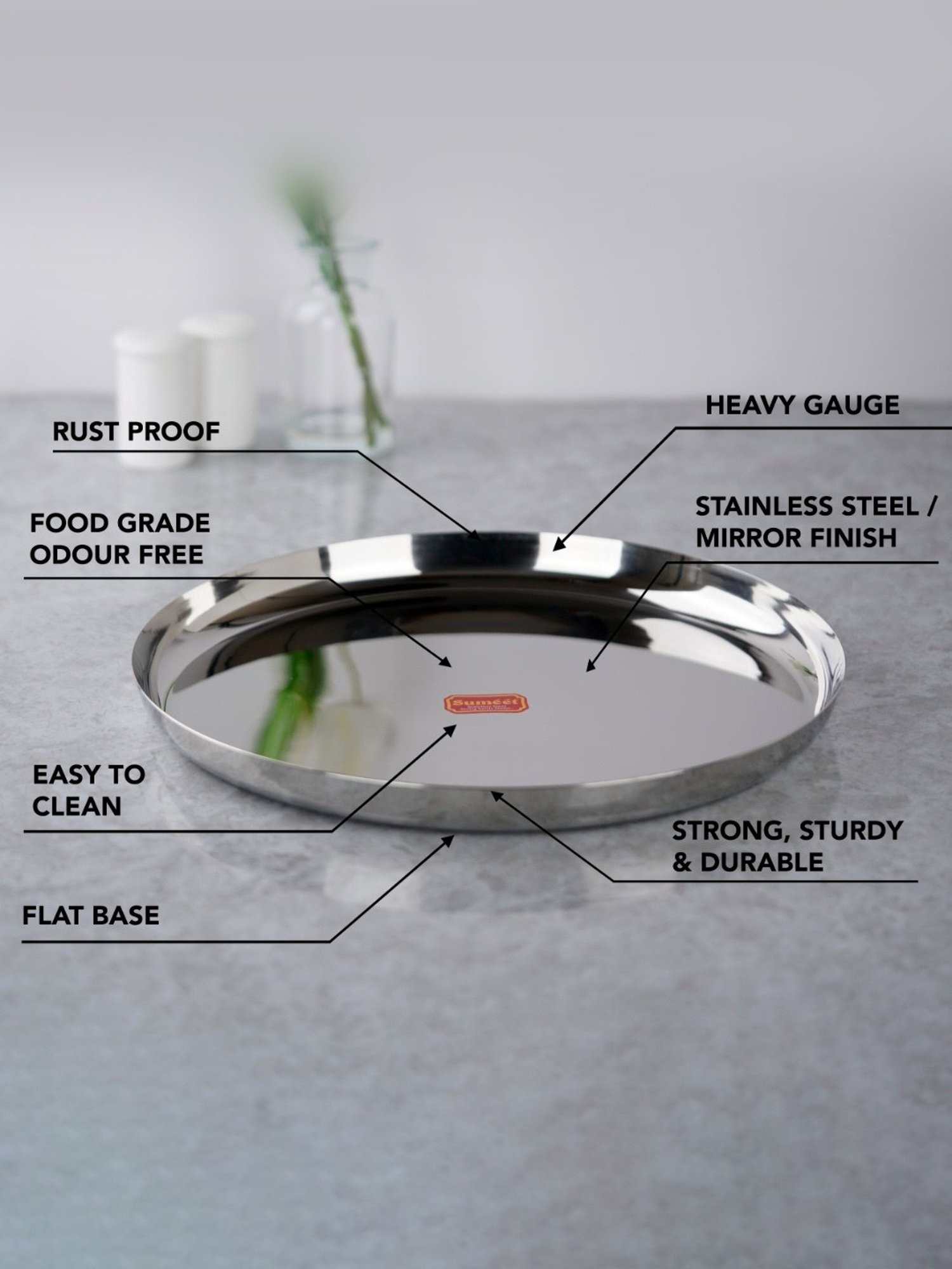 Sumeet Stainless-Steel Apple Shape Heavy Gauge Dinner Plates with Mirror Finish-34.6cm, Set of 3pc