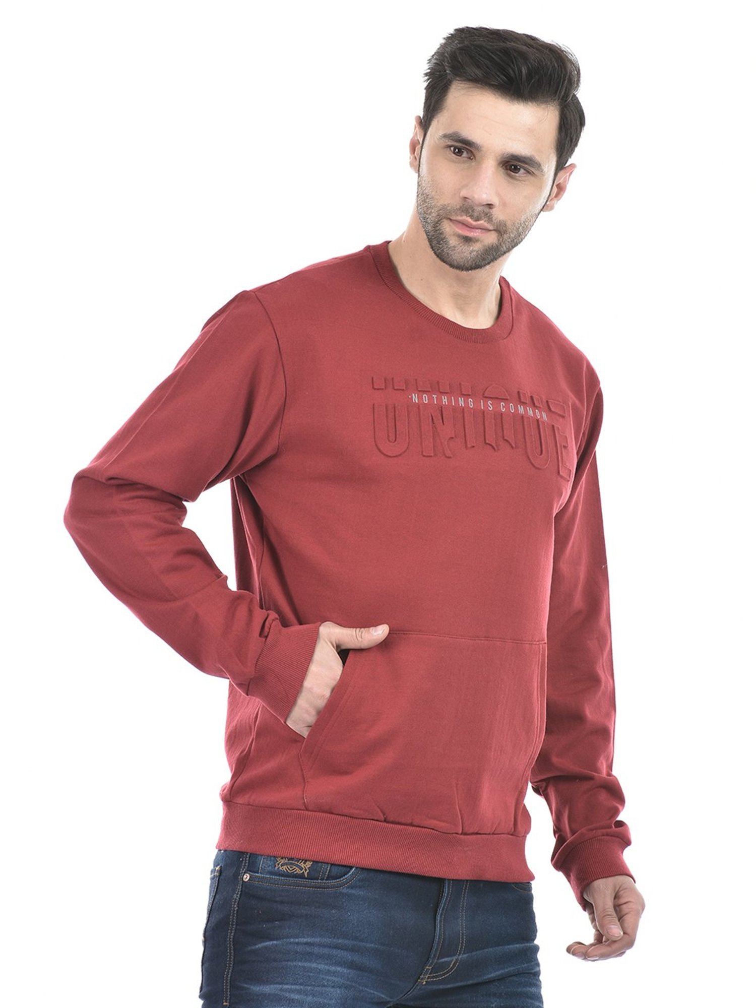 Lawman Pg3 Maroon Regular Fit Self Design Cotton Sweatshirt