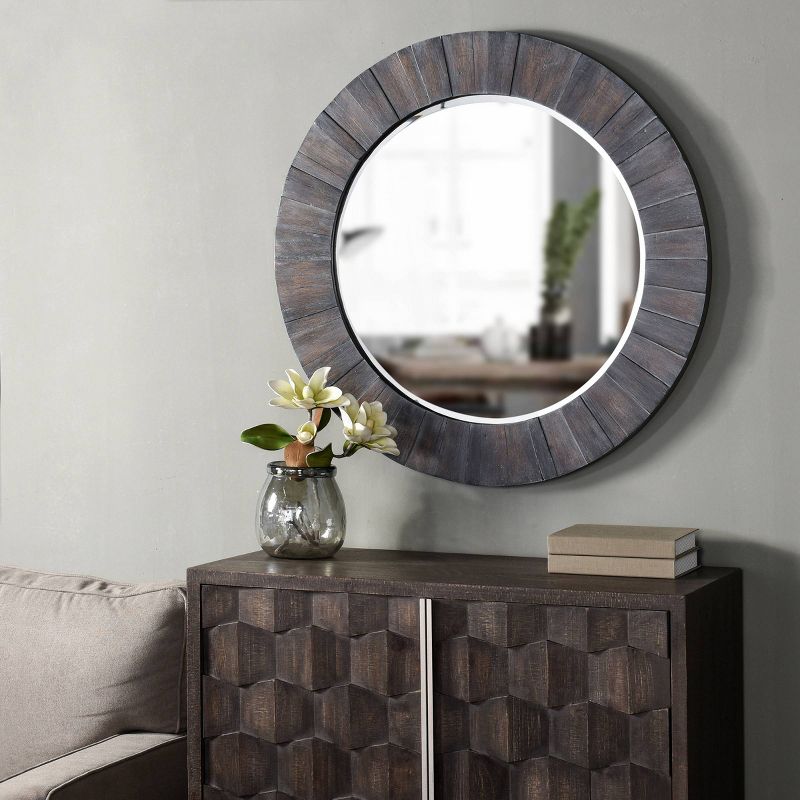 Wood Round Hand Painted Weathered Mirror Wall Sculptures Gray - StyleCraft
