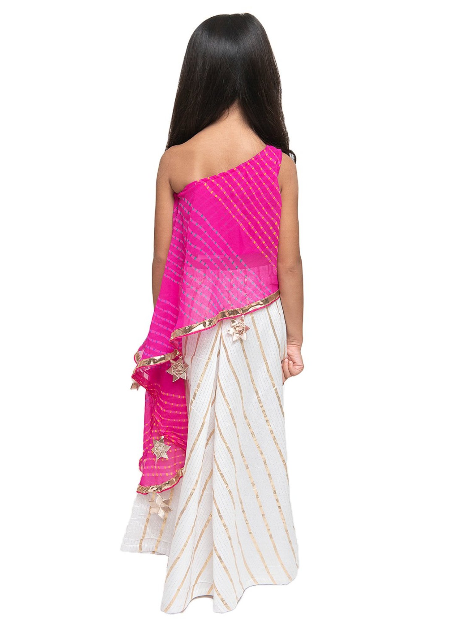 Fairies Forever Kids White & Pink Striped Leheriya Top With Skirt Pants