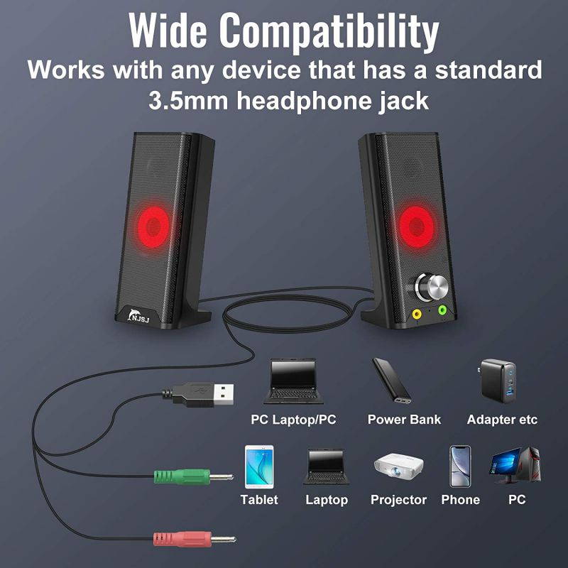 Computer Speakers Detachable 2 in1 PC Gaming Speaker with Stereo Sound 7 Colors Backlit Headphone & Mic Jack,USB Powered 3.5mm Audio Input Mini Soundbar for Tablets Desktop Laptop Cellphone