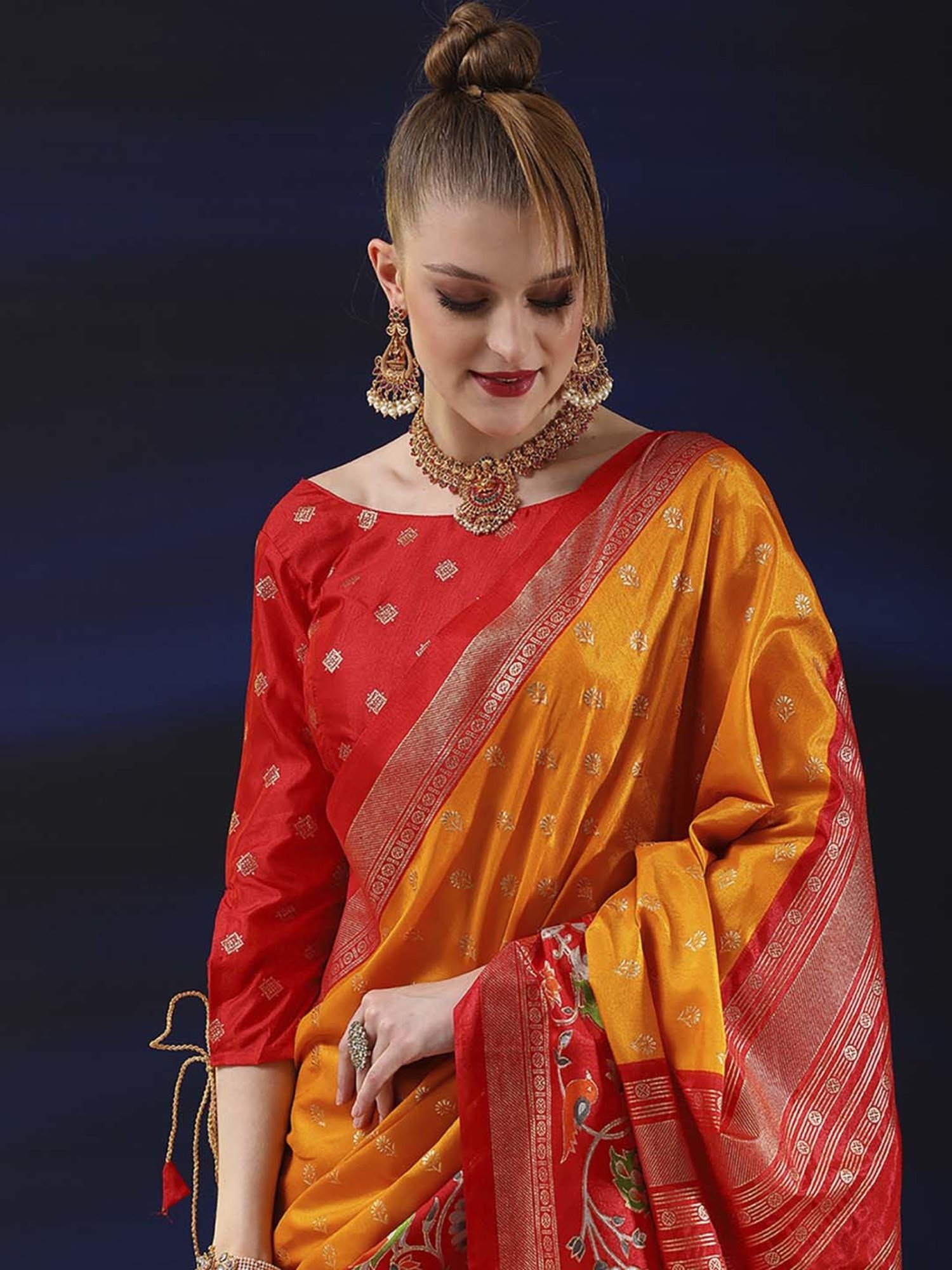 Saree Mall Yellow & Red Silk Woven Saree With Unstitched Blouse