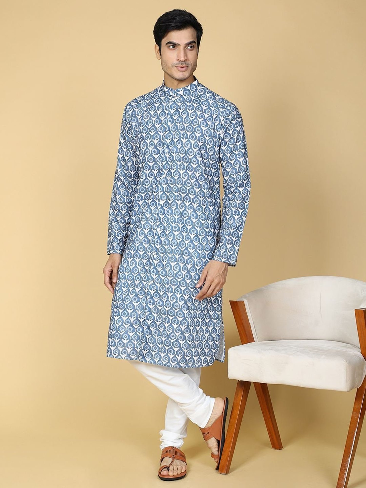 TABARD Blue Cotton Regular Fit Printed Kurta Bottom Set