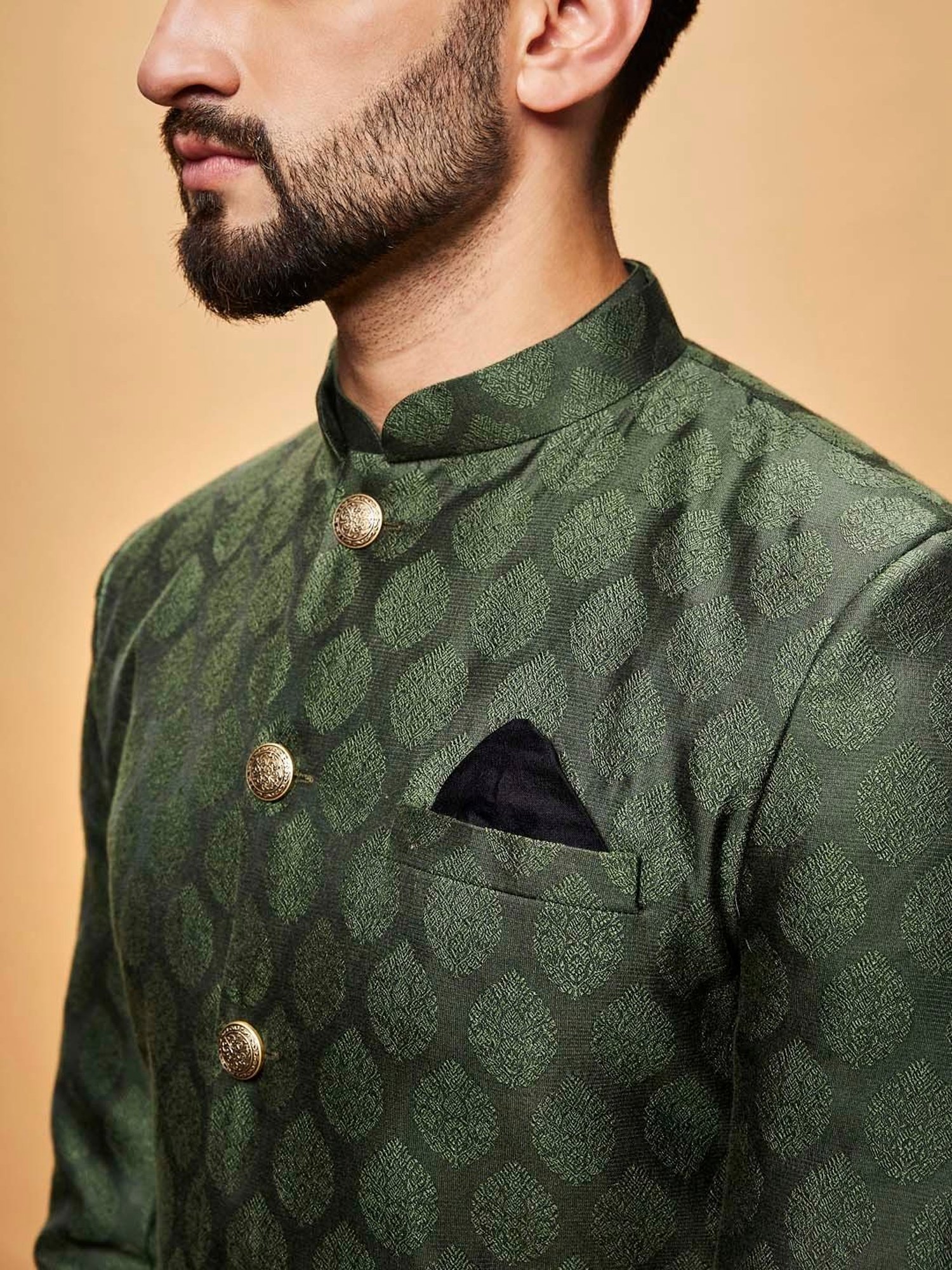 KISAH Olive Regular Fit Self Design Sherwani Set