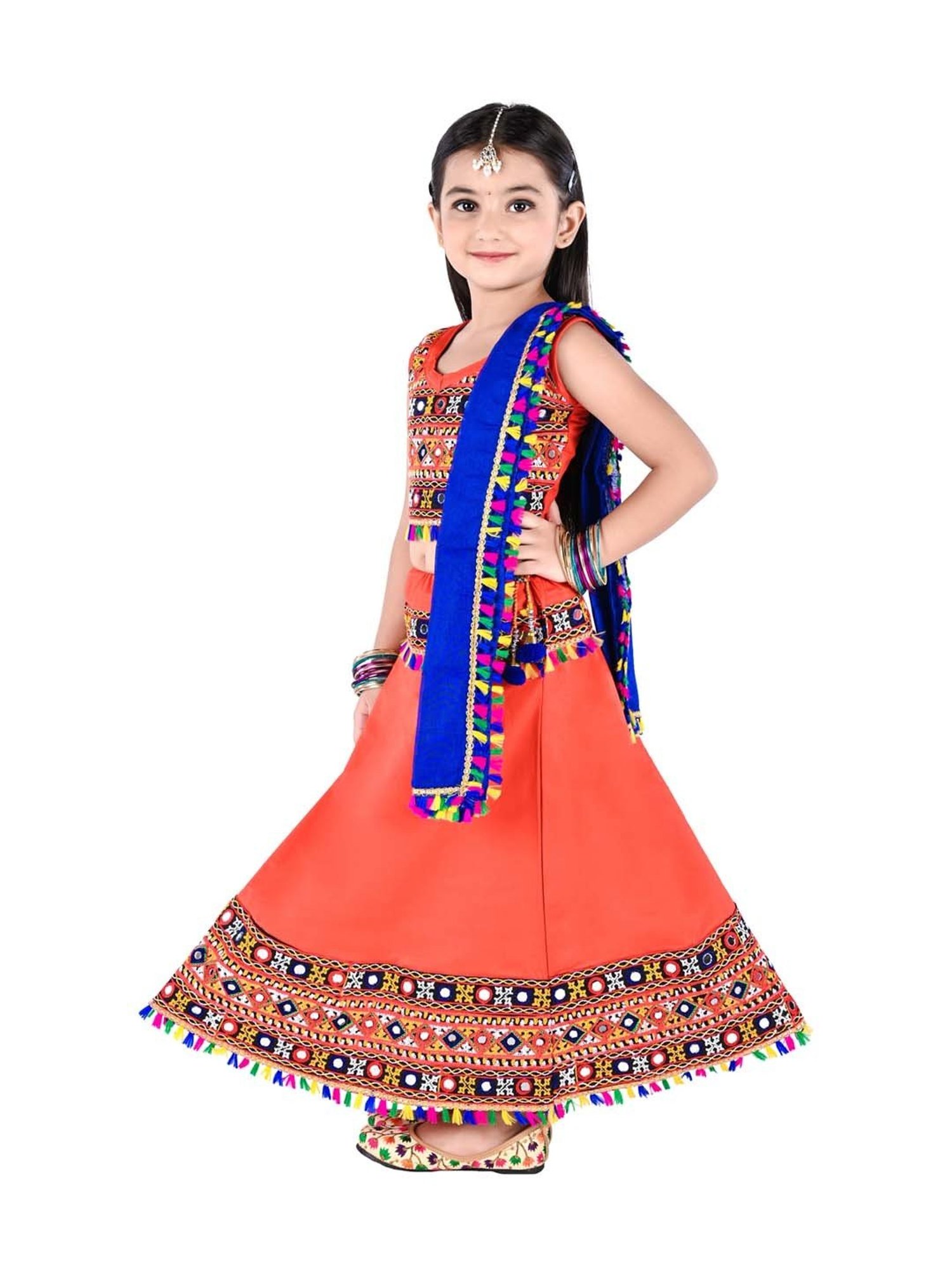 Ahhaaaa Kids Orange & Blue Cotton Embroidered Lehenga Cholis