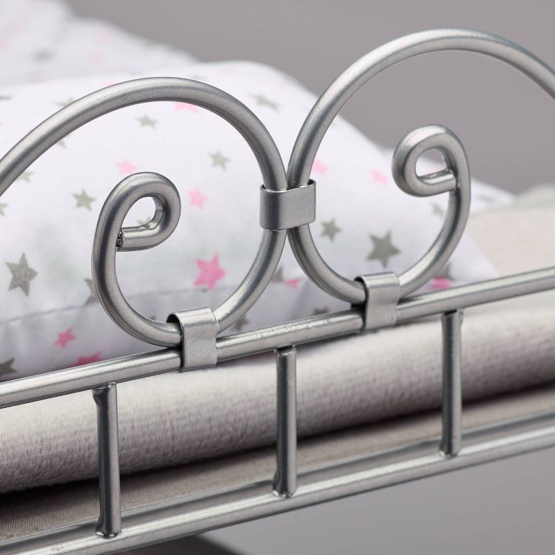 Badger Basket Scrollwork Metal Triple Doll Bunk Bed with Ladder and Bedding - Silver/Pink/Stars