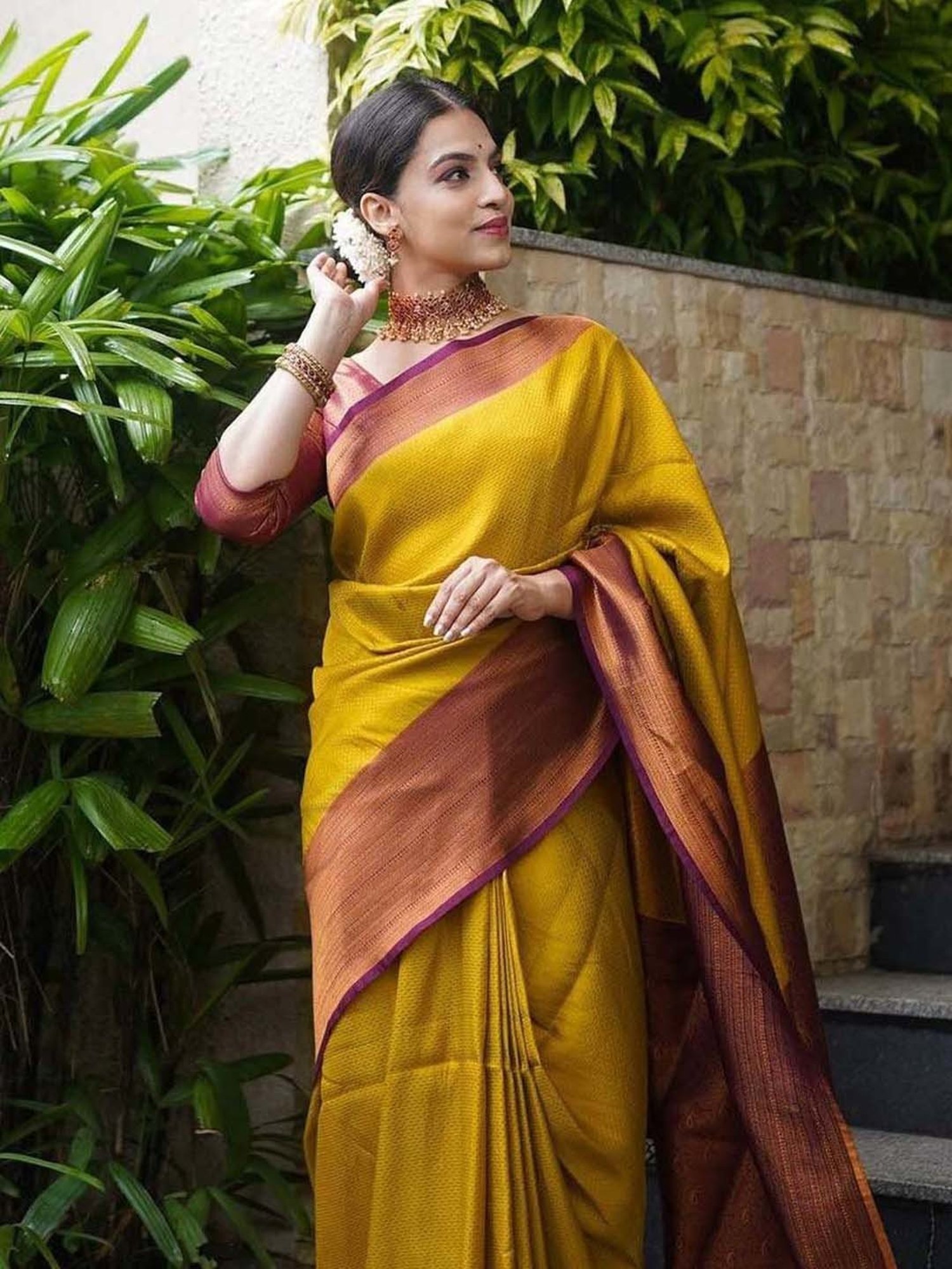 SHUBHKALA Yellow Silk Woven Saree With Unstitched Blouse