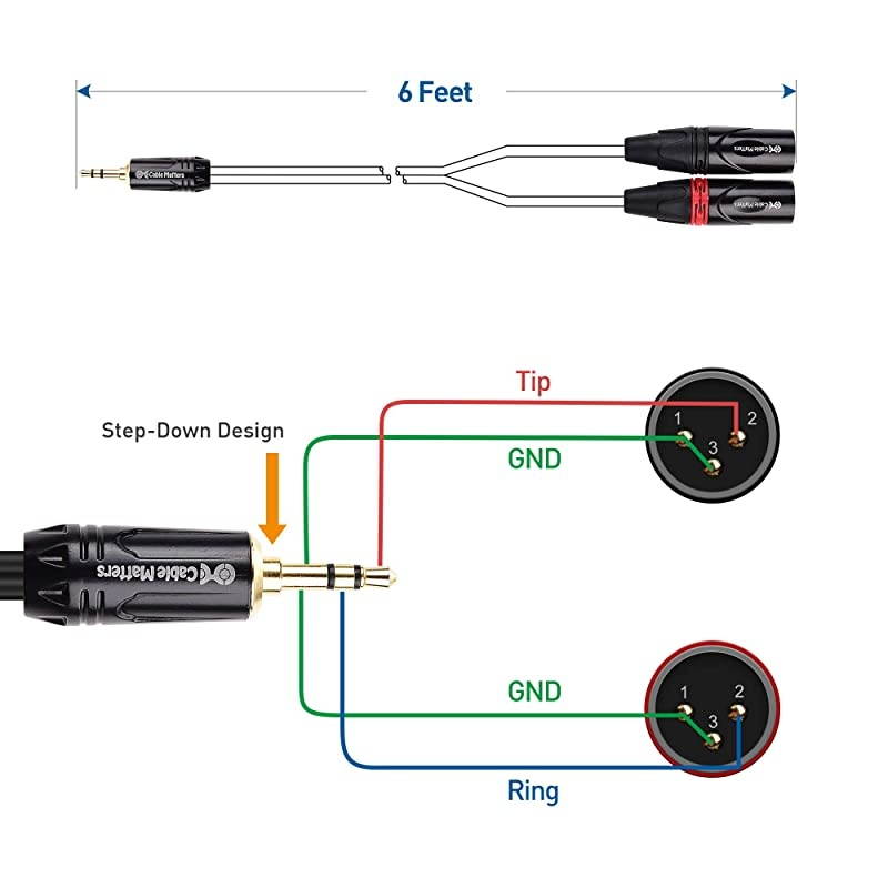 3.5mm 1/8 Inch TRS to 2 XLR Cable, Male to Male Aux to Dual XLR Breakout - 6 Feet