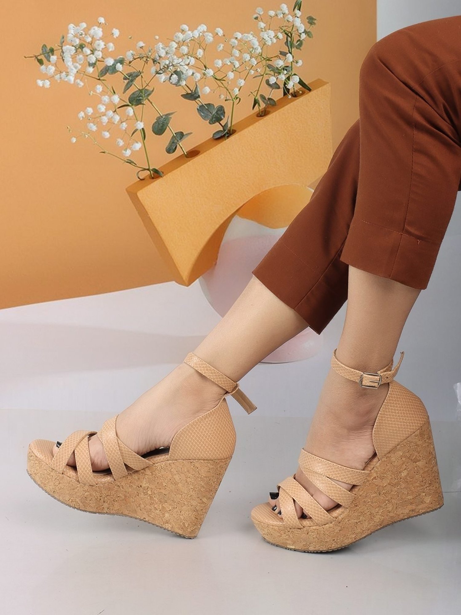 Iconics Women's Tan Ankle Strap Wedges