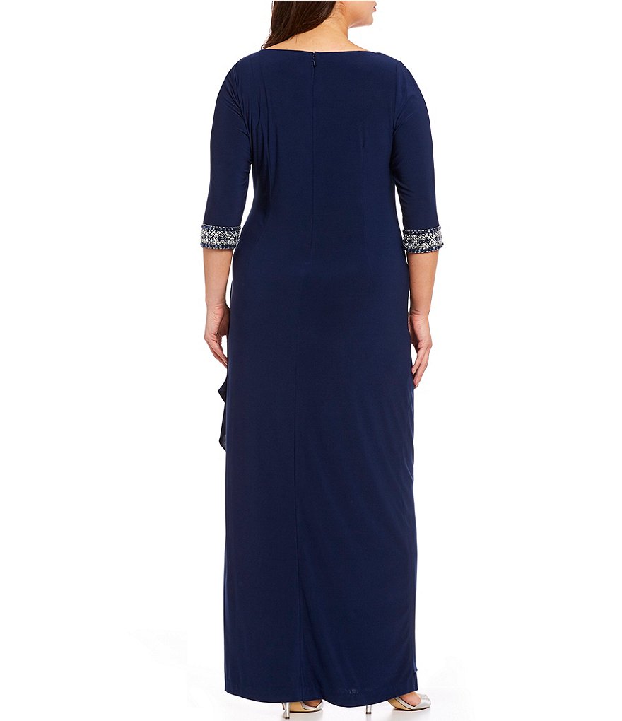 Alex Evenings Plus Size Side Round Keyhole Neck 3/4 Sleeve Ruched Embellished Cuff Gown