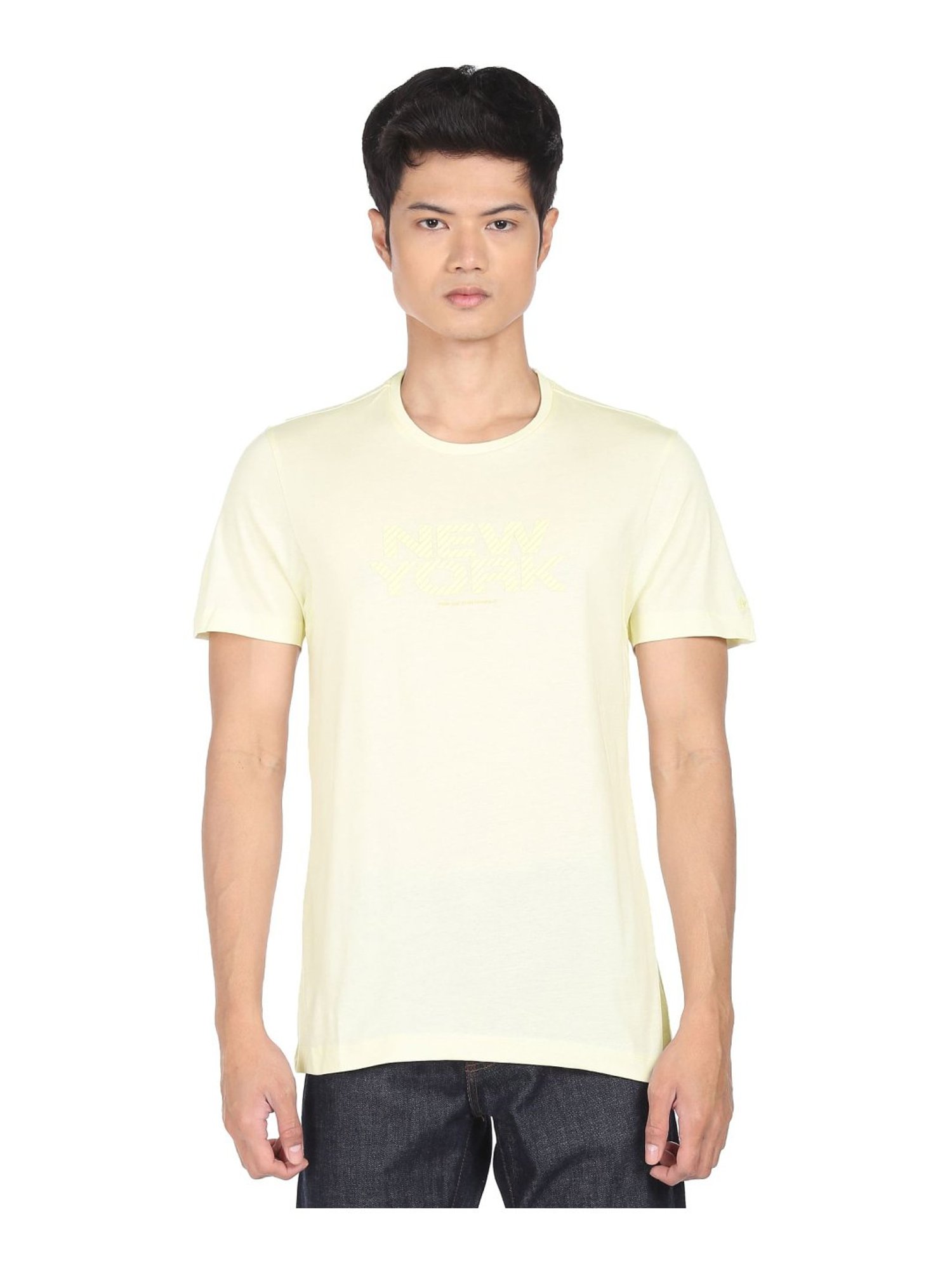 Arrow Light Yellow Cotton Regular Fit Printed T-Shirt