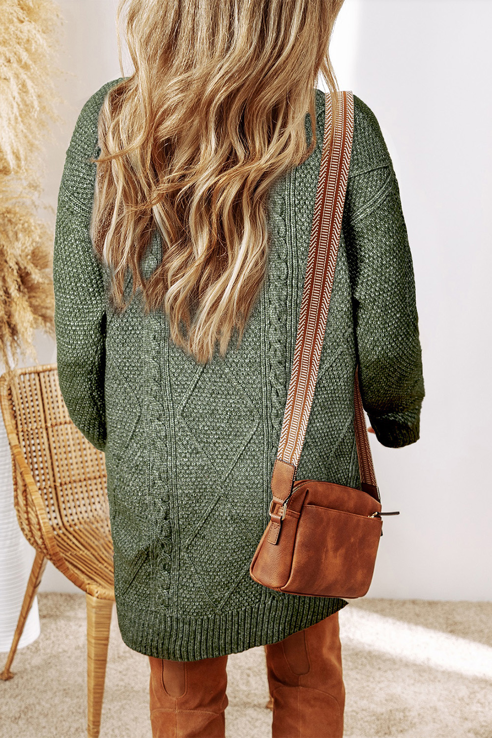 Mist Green Twist Cable Knit Drop Shoulder Loose Fit Sweater Dress