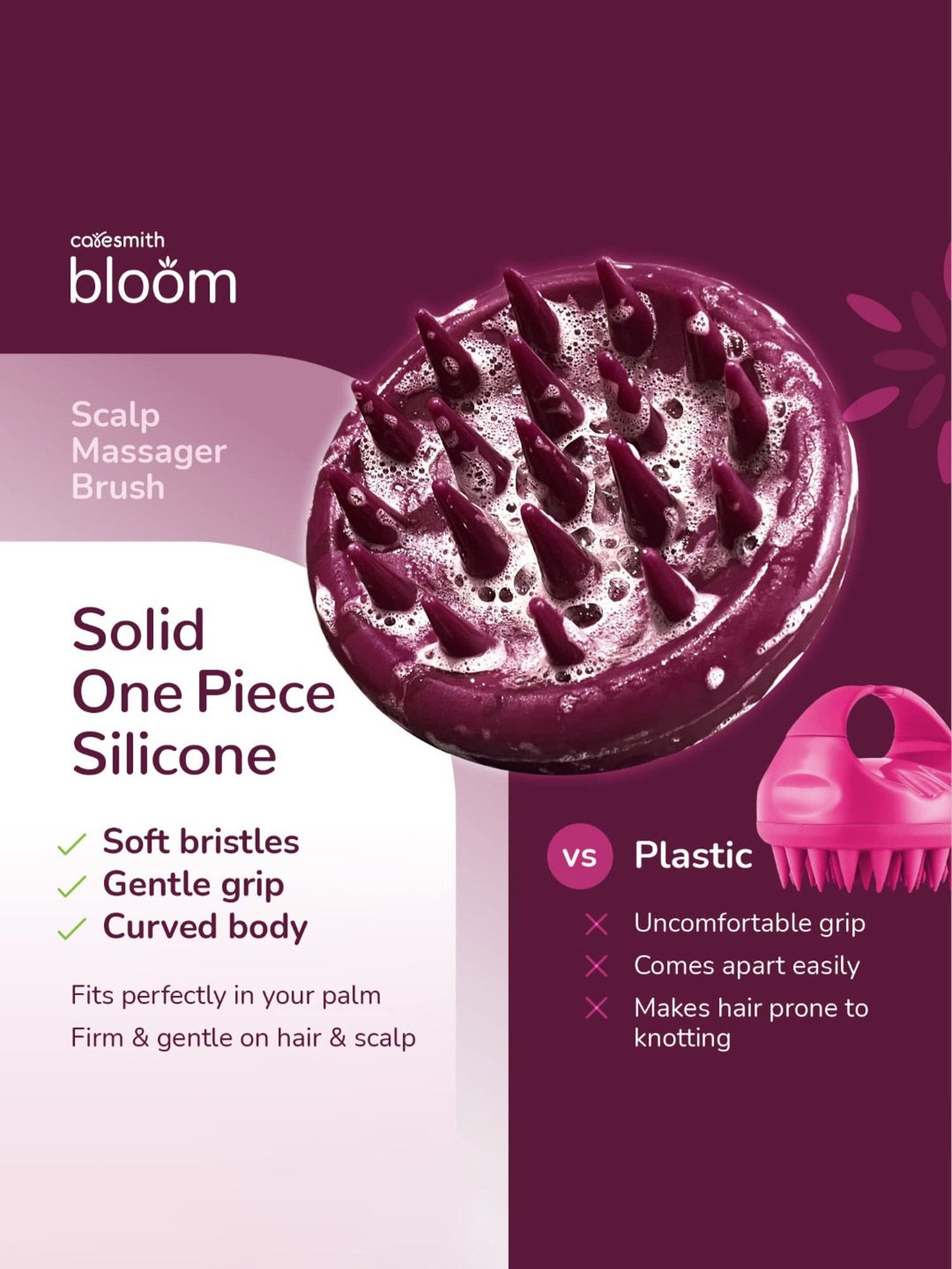 Caresmith Bloom Scalp Massager, All Silicone Body with Super Soft Bristles for Hair Growth (Purple)