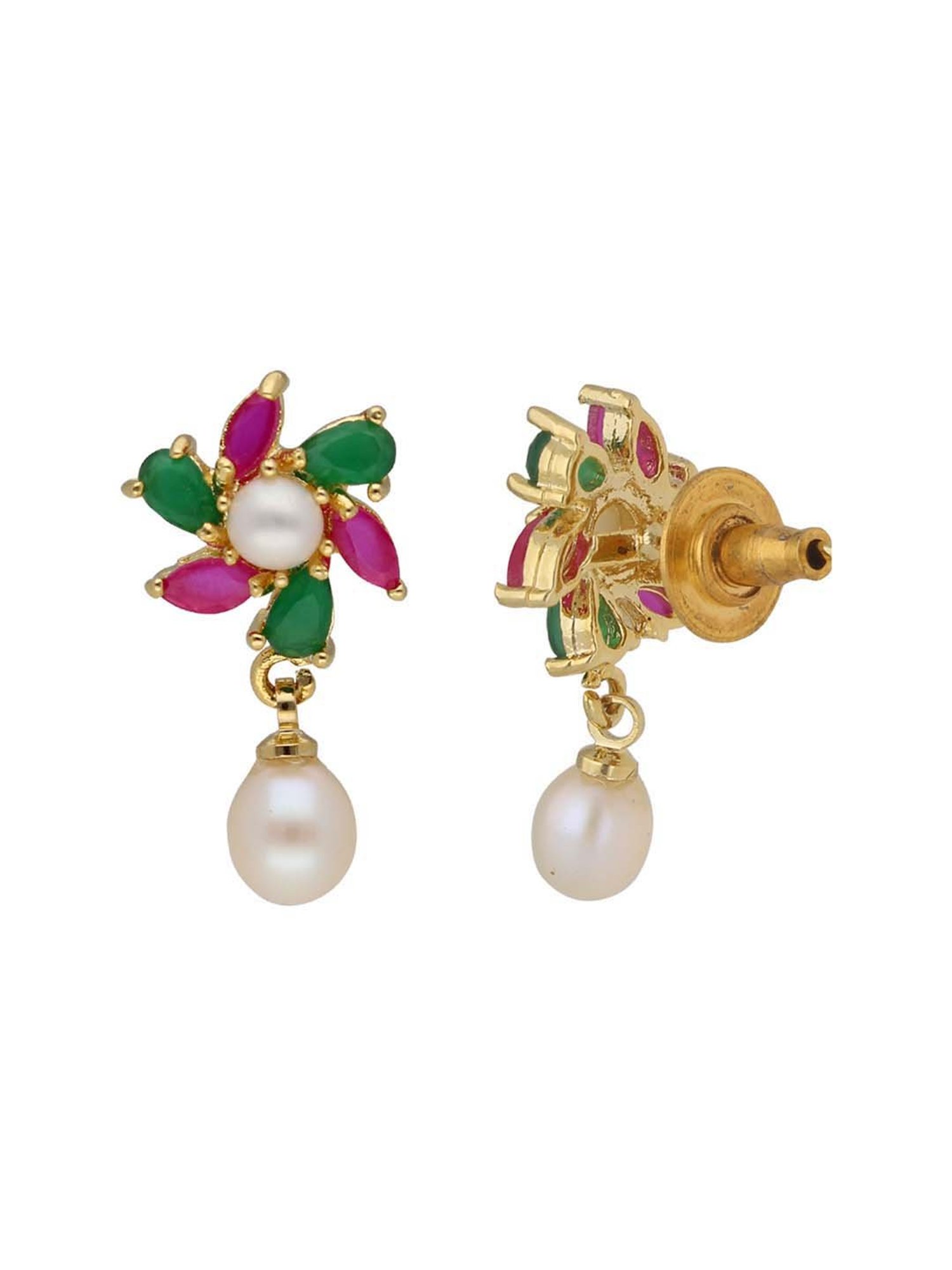 Sri Jagdamba Pearls Pink & Green Sunflower Pearl Drop Earrings