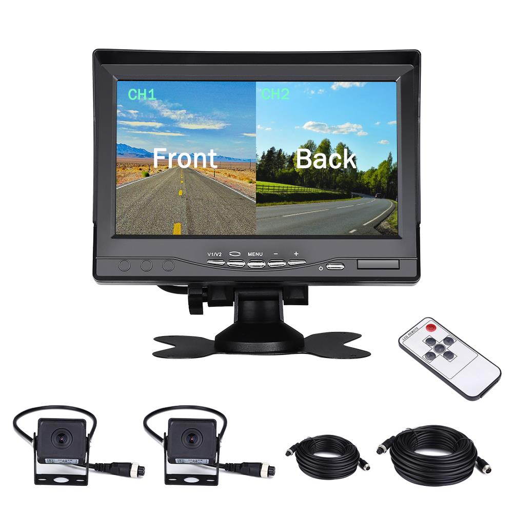 Dual Backup Camera with 7''  2 Split Monitor Kit, Front View/Rear-View Camera, Night Vision, Waterproof,49.3FT Cables for Trucks, RV, Trailer, Bus