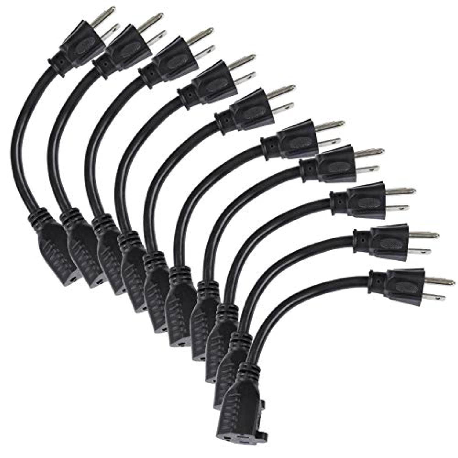 etekcity power extension cord short cable, outlet saver, 3 prong, 16awg 13a, etl listed (10 pack, 8 inch, black)