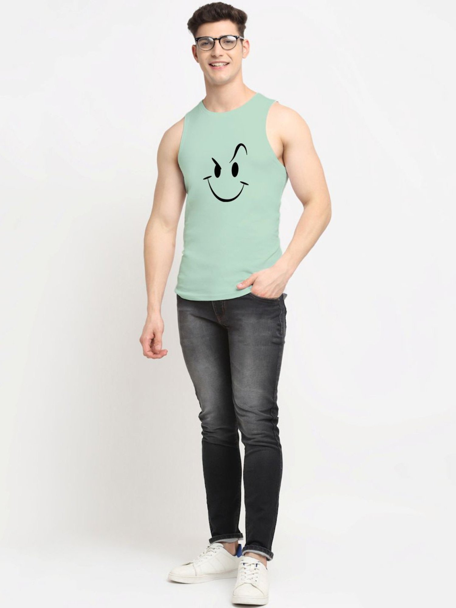 Friskers Green Cotton Slim Fit Printed Vest