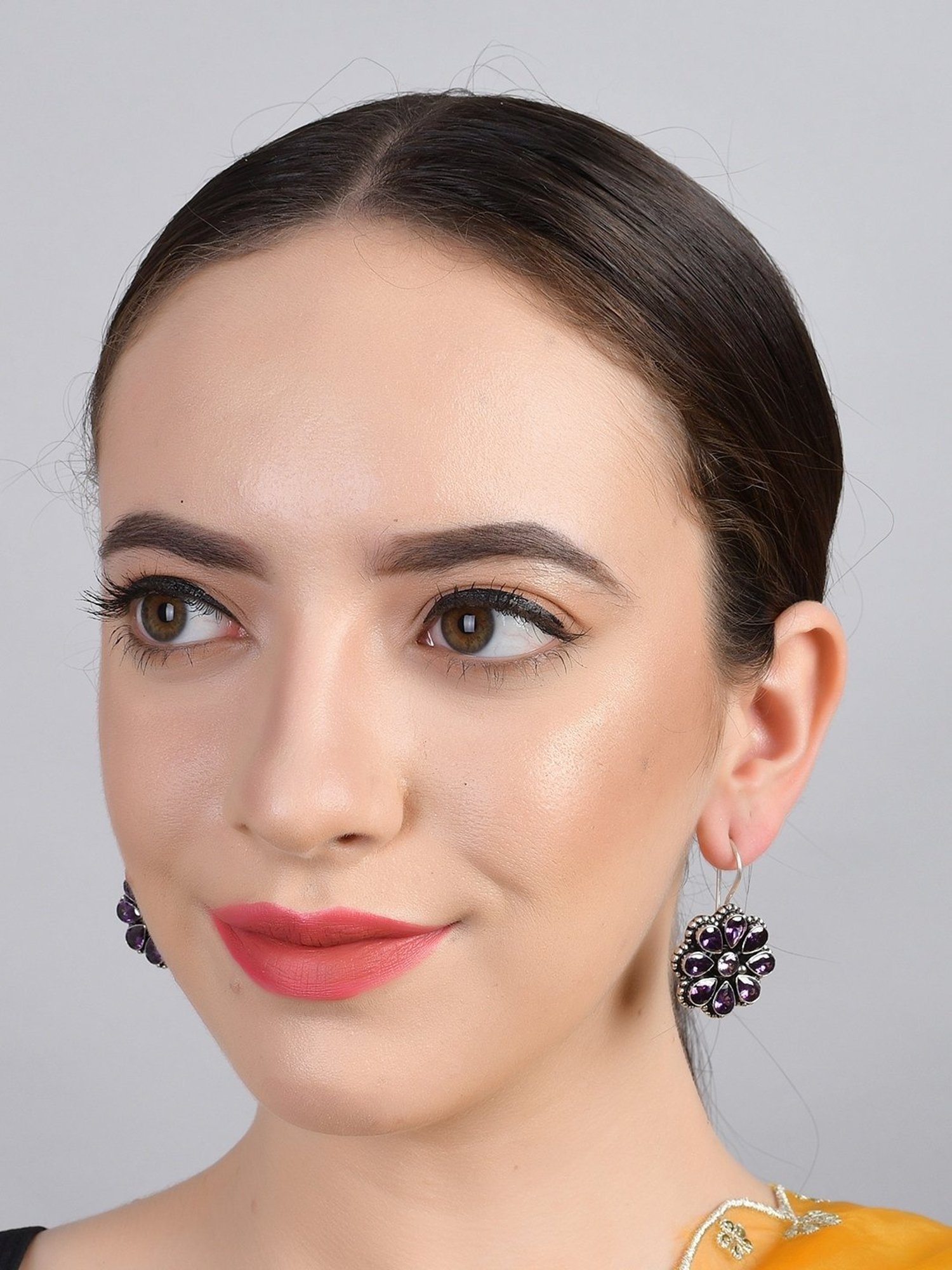 Imli Street Purple Silver Tone Stone-Studded Handcrafted Drop Earrings