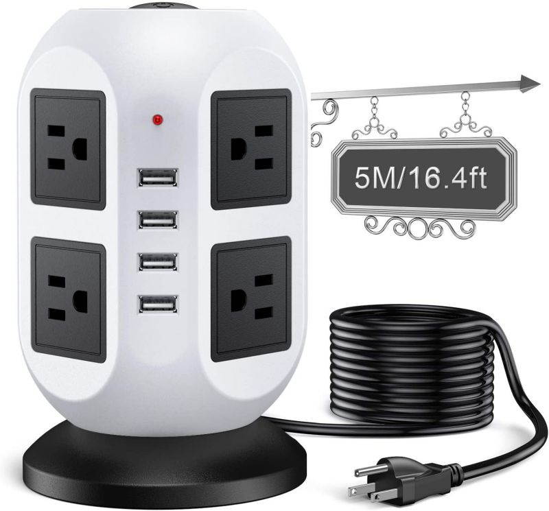 Power Strip Tower Surge Protector - 5M/16.4FT Surge Protector Power Strip with USB, Power Strip with Surge Protection with 8 AC Outlets & 4 USB Ports, Overload Protection, Short Circuit Protection.