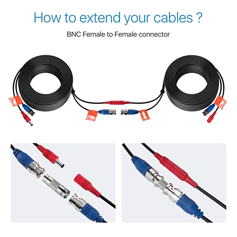 1 Pack 100ft 30 Meters 2in1 Video Power Cable BNC Extension Surveillance Camera Cables for Video Security Systems Included 1X BNC Connectors and 1X RCA Adapters