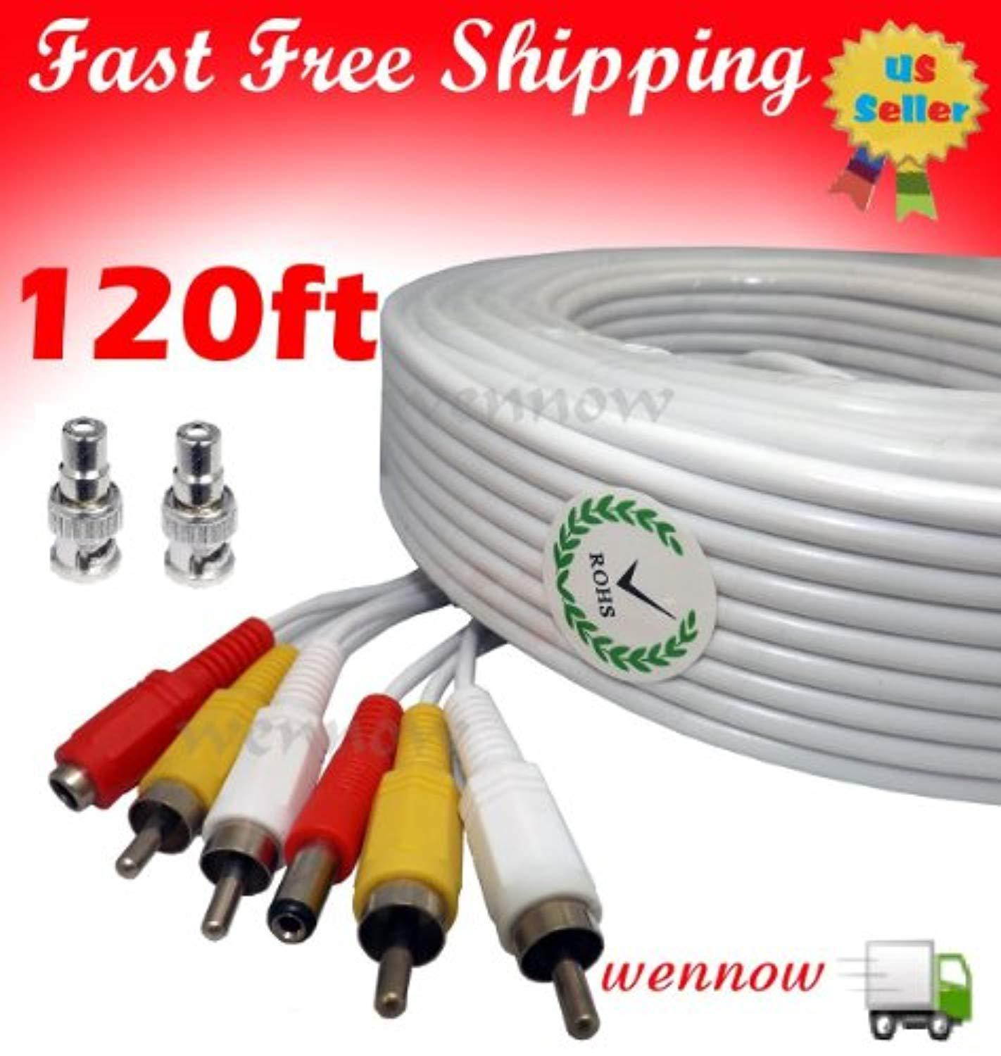 WennoW 120ft White Audio Video & Power RCA Cable for Qsee Zmodo Security CCTV Camera