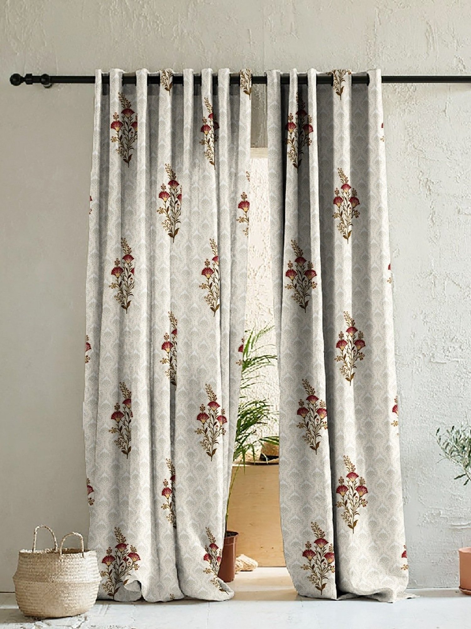 SPACES DRAPE STORY Elegent Grey & Brown Polyester 8 FT Door Curtain - Set of 2