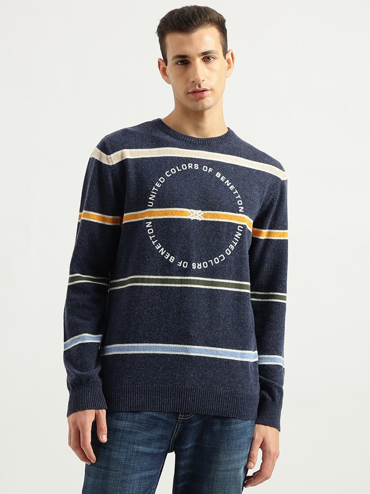 United Colors of Benetton Blue Regular Fit Striped Sweater