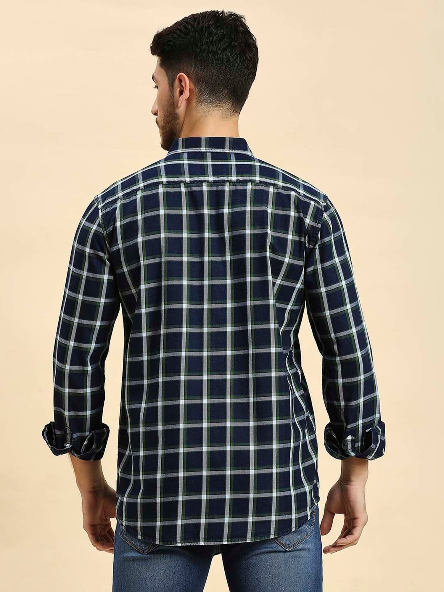 HJ HASASI Navy Slim Fit Check Cotton Shirt