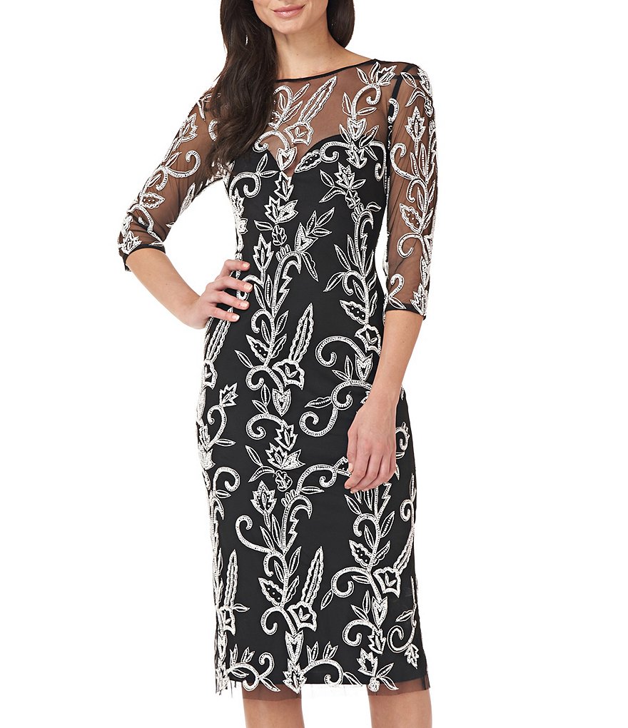 JS Collections Illusion Boat Neck 3/4 Sleeve Beaded Midi Dress
