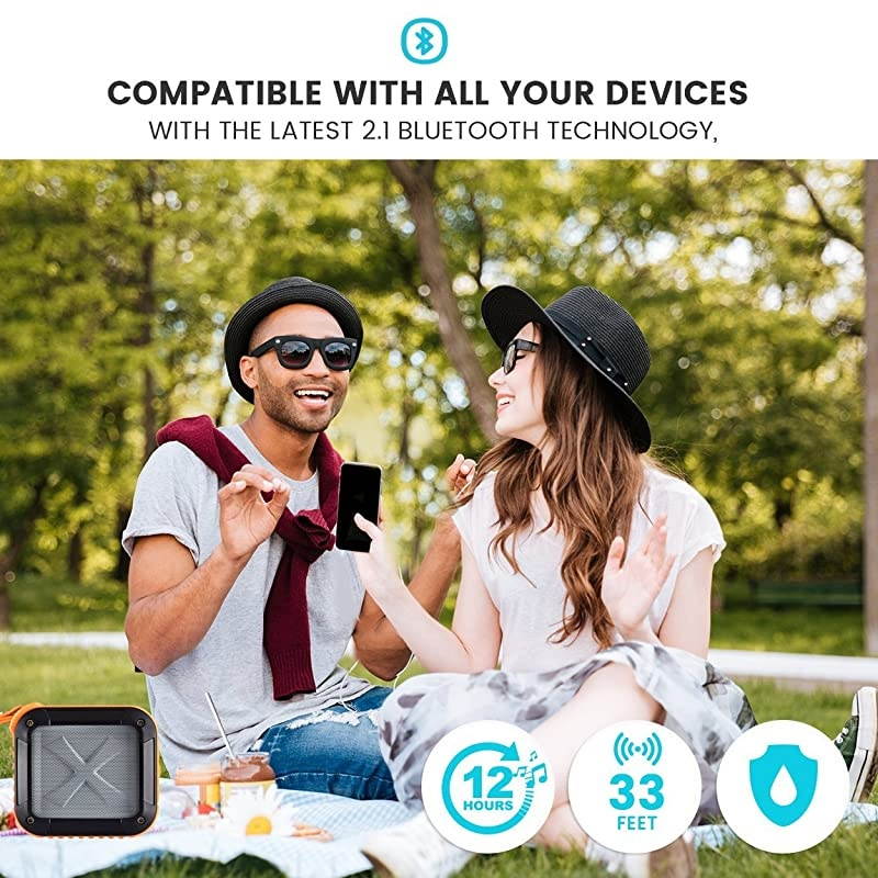 Waterproof, able Bluetooth 4.0 Speaker by  | Rechargable, Wireless, Powerful 5W Audio Driver, Compatible with All Bluetooth Devices | Marine Speaker System for iPhone, Android, iPod, (Orange)