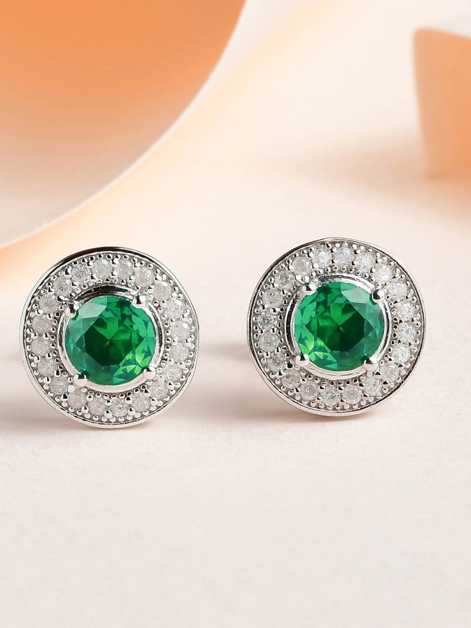 Ornate Jewels 925 Silver Green Emerald and American Diamond Halo Stud Earrings