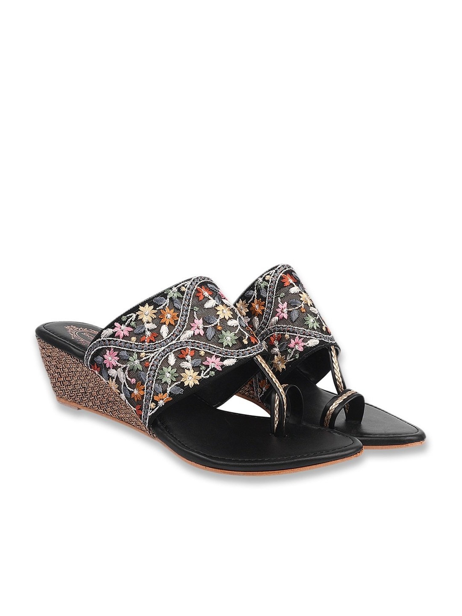 Shoetopia Women's Black Toe Ring Wedges