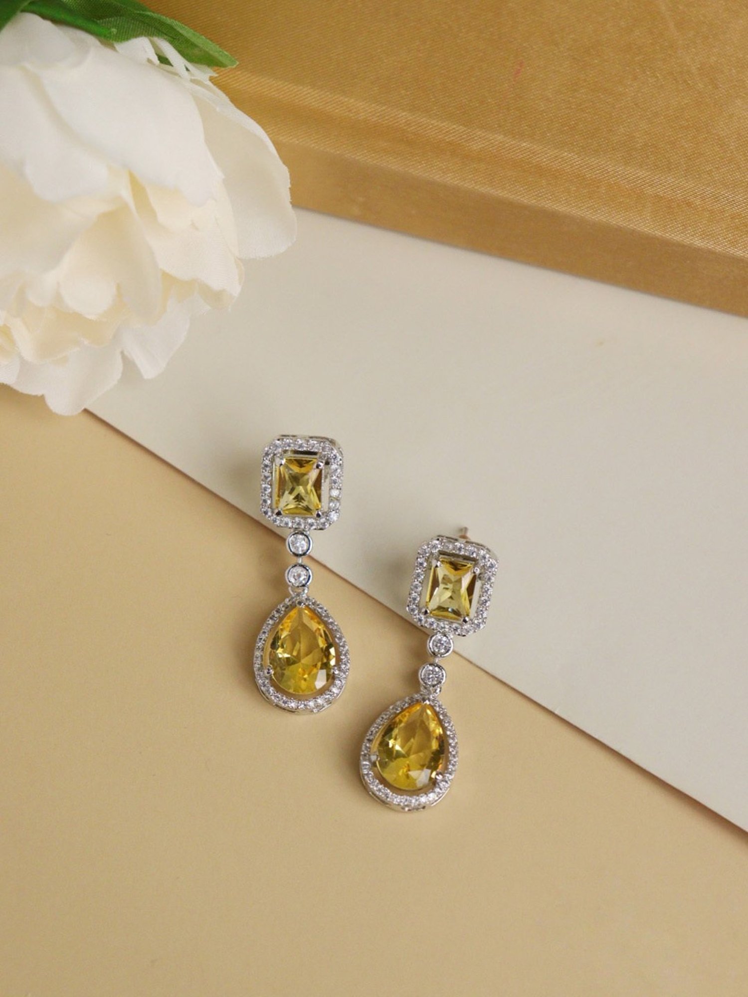 Curio Cottage Diamante Topaz Yellow Cubic Zirconia Drop Earrings