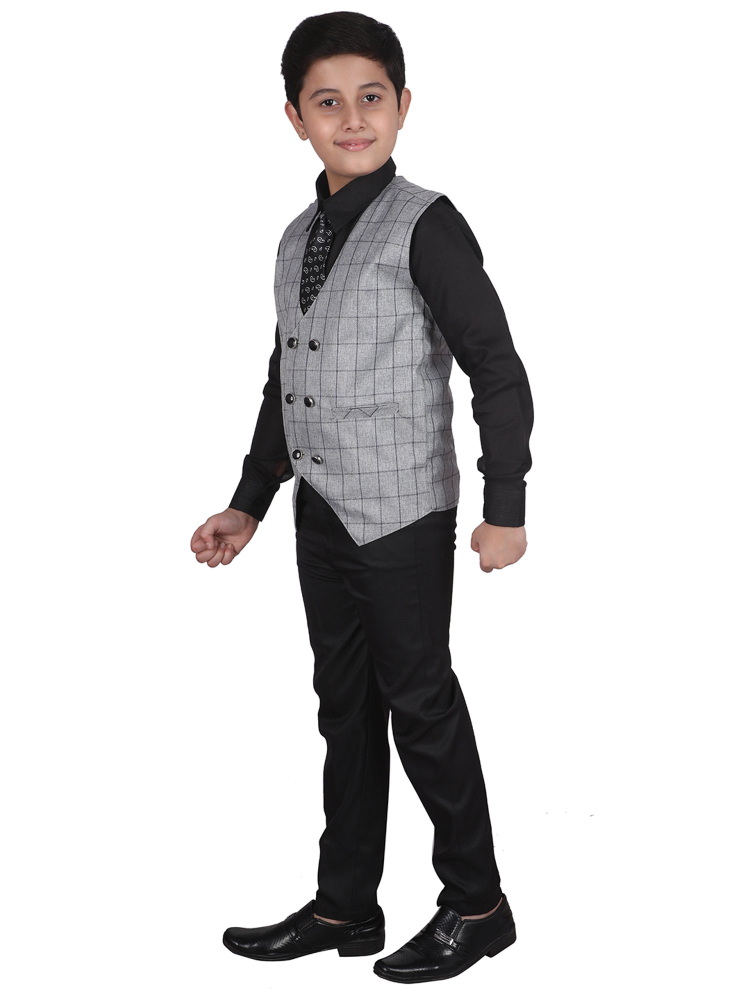 Pro-Ethic Style Developer Kids Grey & Black Checks Full Sleeves Shirt, Waistcoat, Pants with Tie