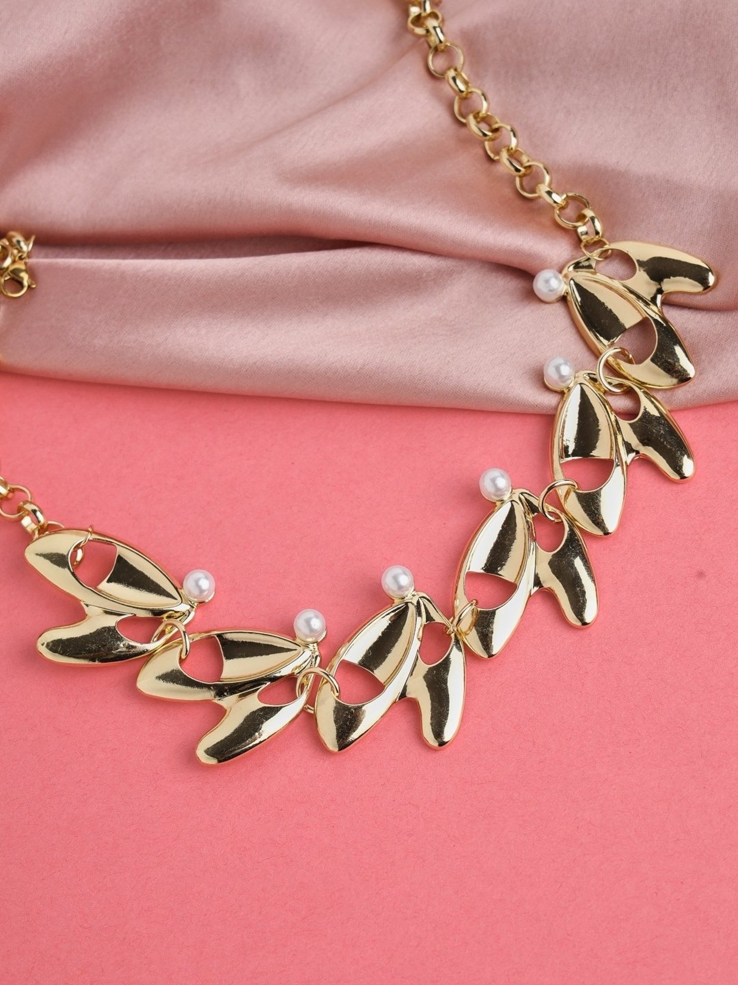 Prita by Priyaasi Pearl Studded Designer Leaf Link Gold-Plated Necklace