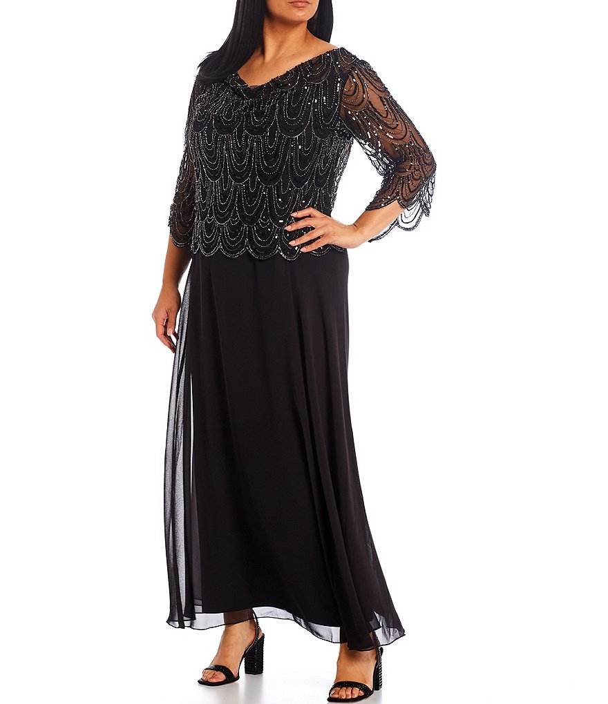 Jkara Plus Size Cowl Neck 3/4 Sleeve Scallop Beaded Bodice Gown