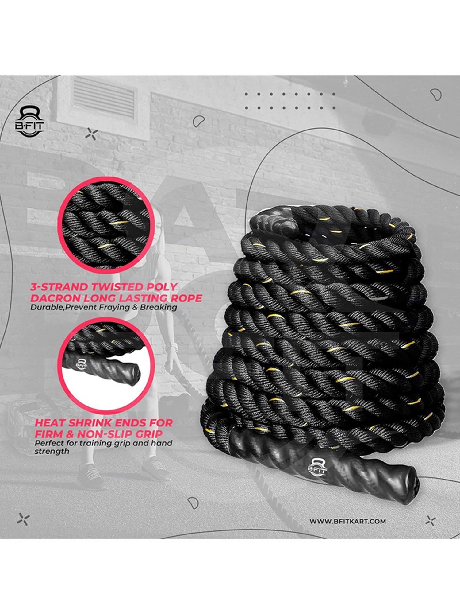 B Fit Battle Rope Thickness 1.5 Length 33 Feet with Anchor (Black)