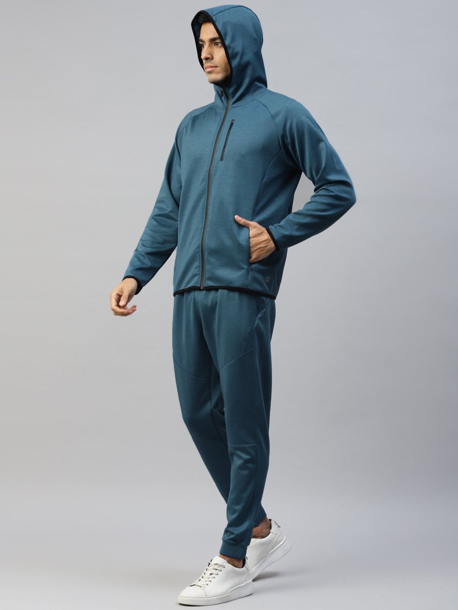 Slowave Teal Regular Fit Sports Hooded Jacket & Joggers Set
