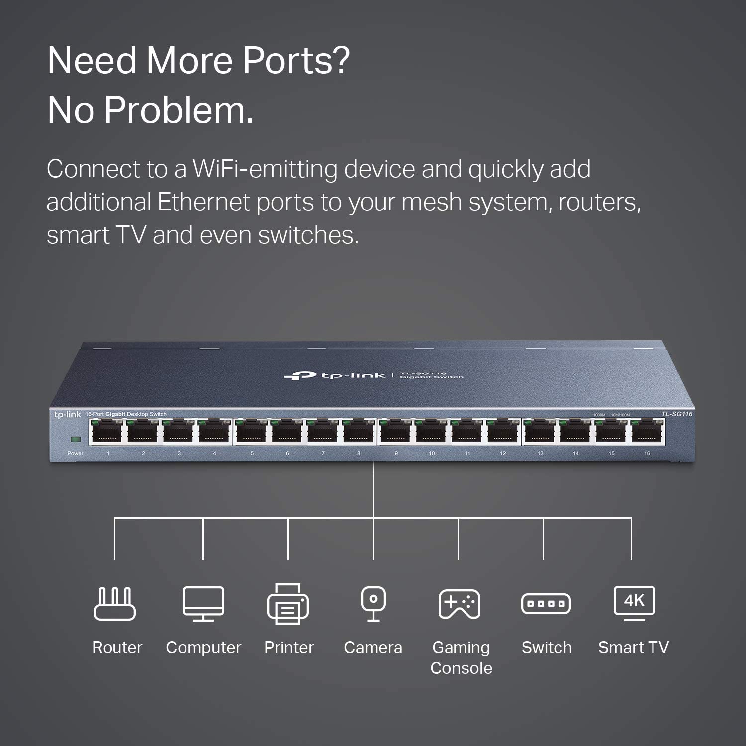 16 Port Gigabit Ethernet Network Switch, Desktop/ Wall-Mount, Fanless, Sturdy Metal w/ Shielded Ports, Traffic Optimization, Unmanaged, Limited Lifetime Protection (TL-SG116) Black