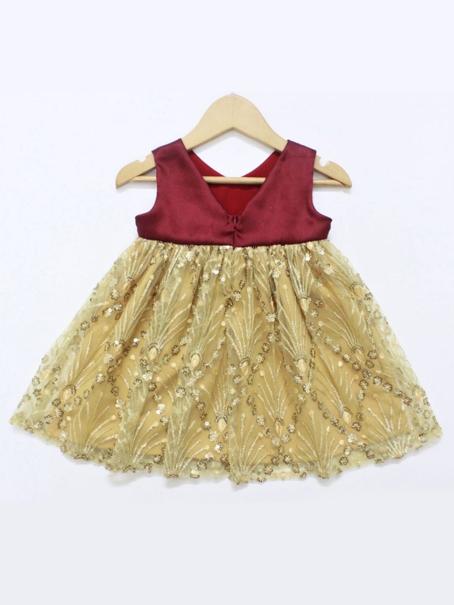 Many Frocks Kids Maroon & Cream Embellished Dress