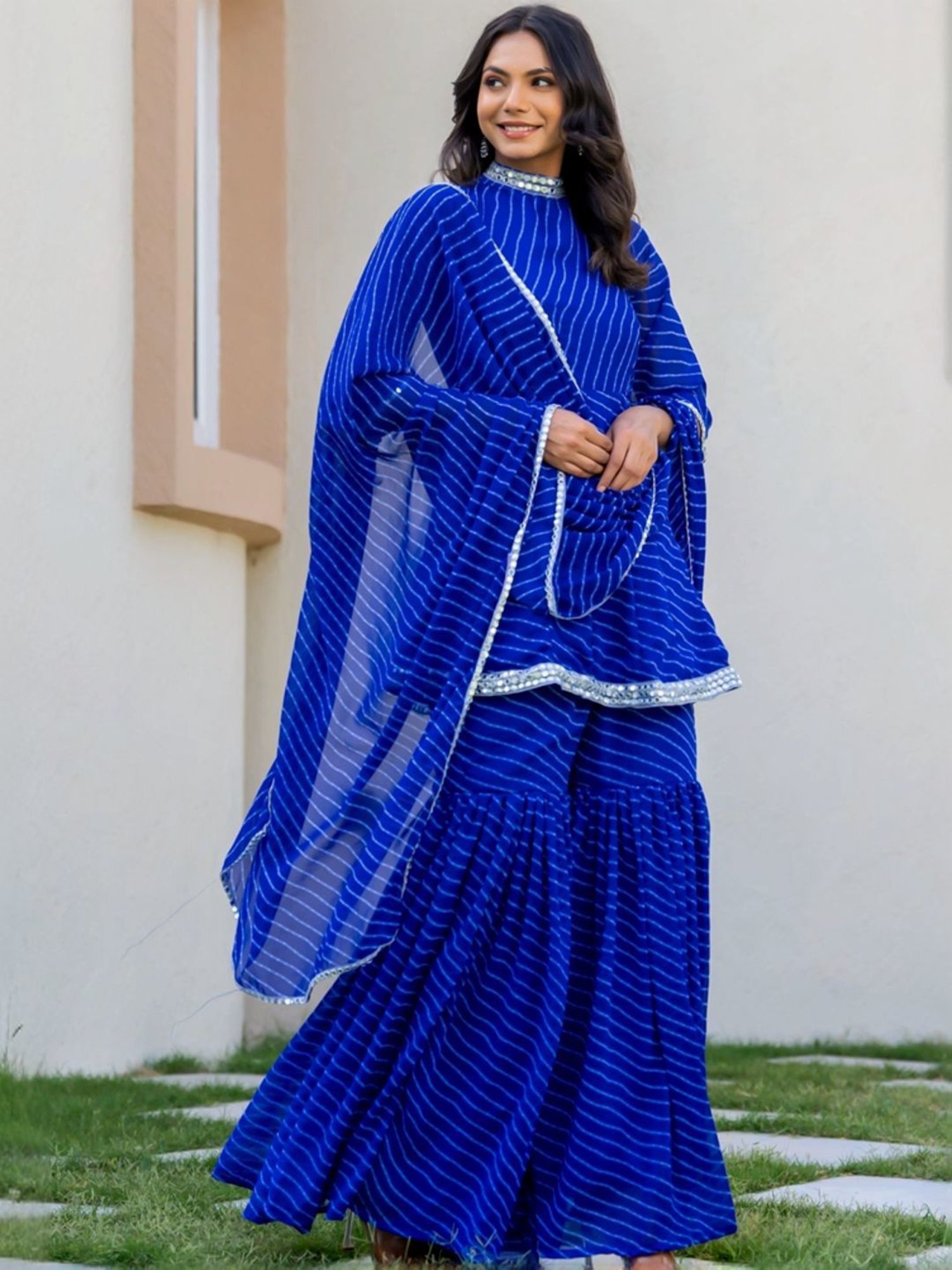 HOUSE OF JAMOTI Blue Printed Short Kurti Sharara Set With Dupatta