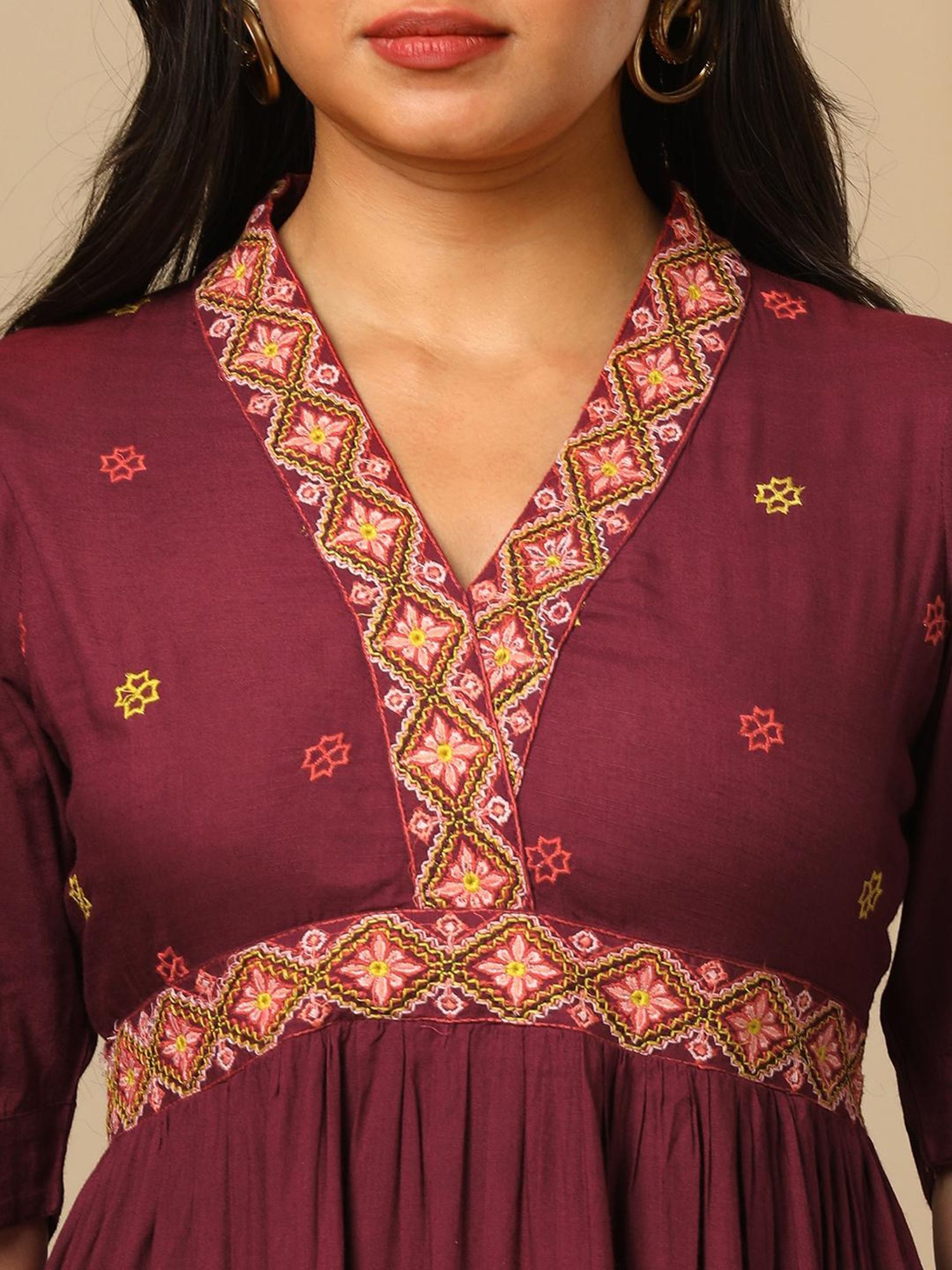 Globus Burgundy Embroidered Midi Dress