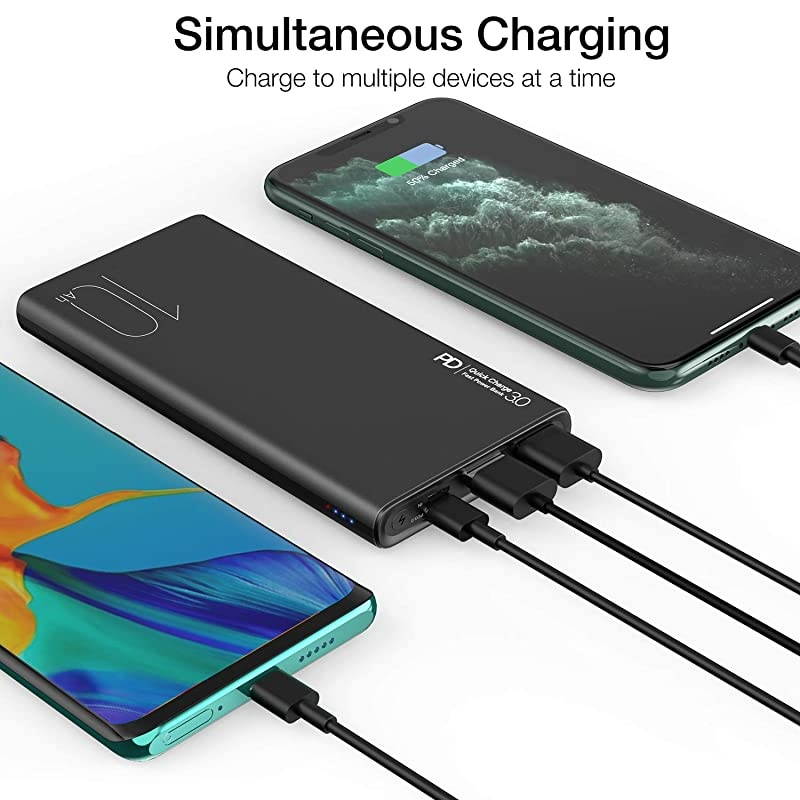 WB1 PD + QC 30 Portable Charger 10000mAh Slim and Light Fast Power Bank 18W High Charging Speed External Battery Pack with USB C InputOutput Compatiable for iPhoneiPadSamsung Black